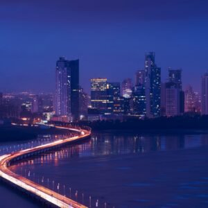 Panama City Night Skyline View Of Traffic Cars On Highway